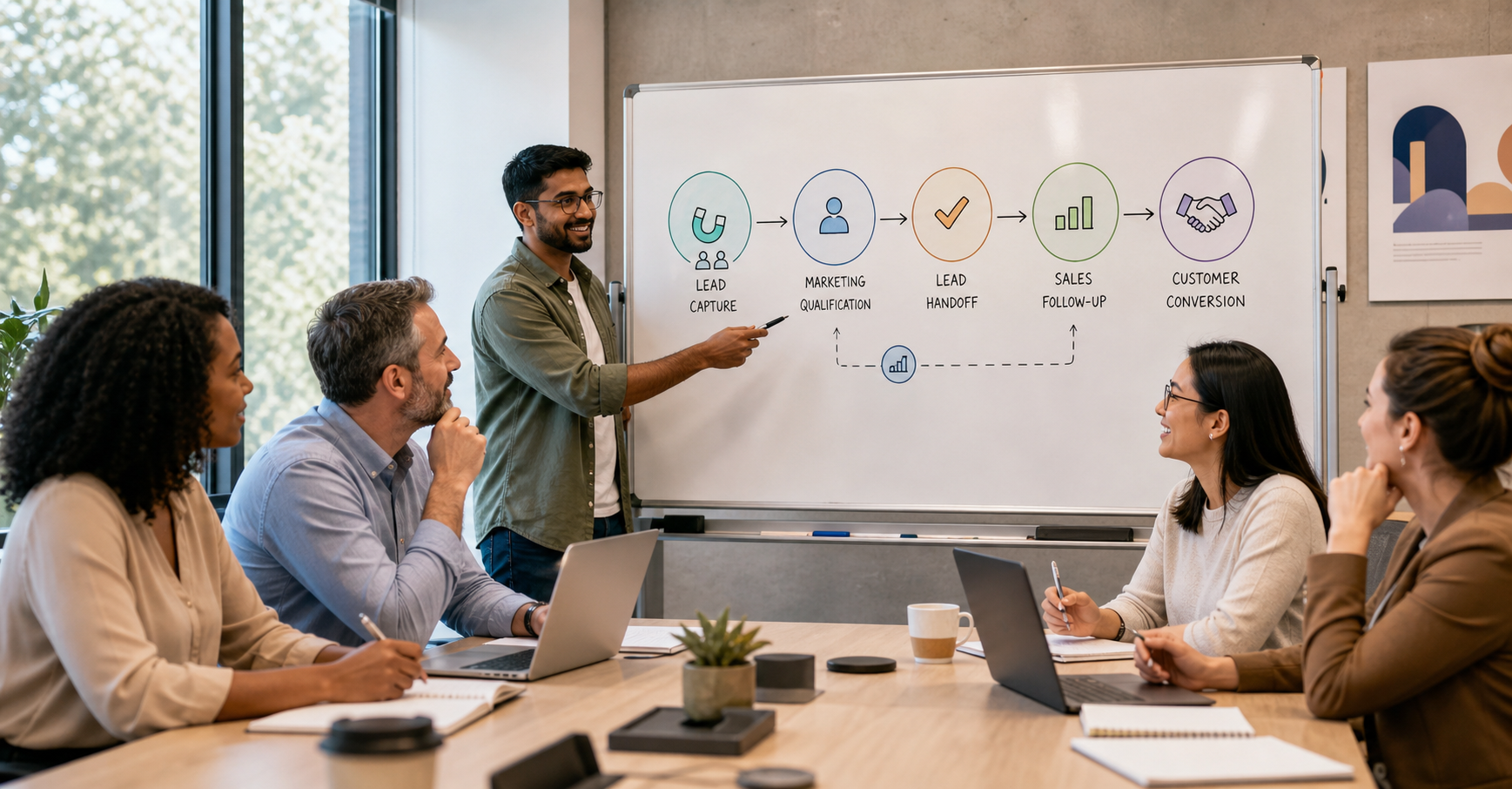 Marketing and sales teams collaborating around a whiteboard to align on lead quality, handoffs, and shared metrics.