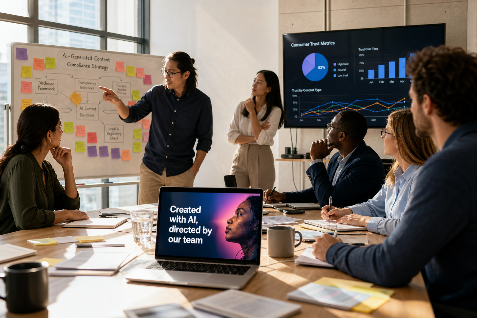 A marketing team seated around a conference table reviewing AI compliance and advertising disclosure requirements.