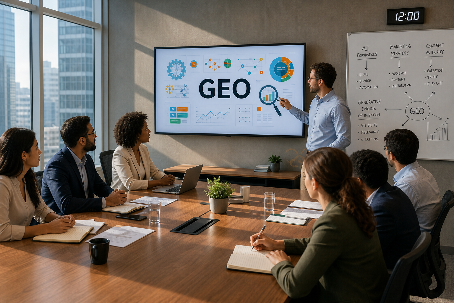 Marketing team in a modern conference room discussing generative engine optimization (GEO) and AI search strategy.