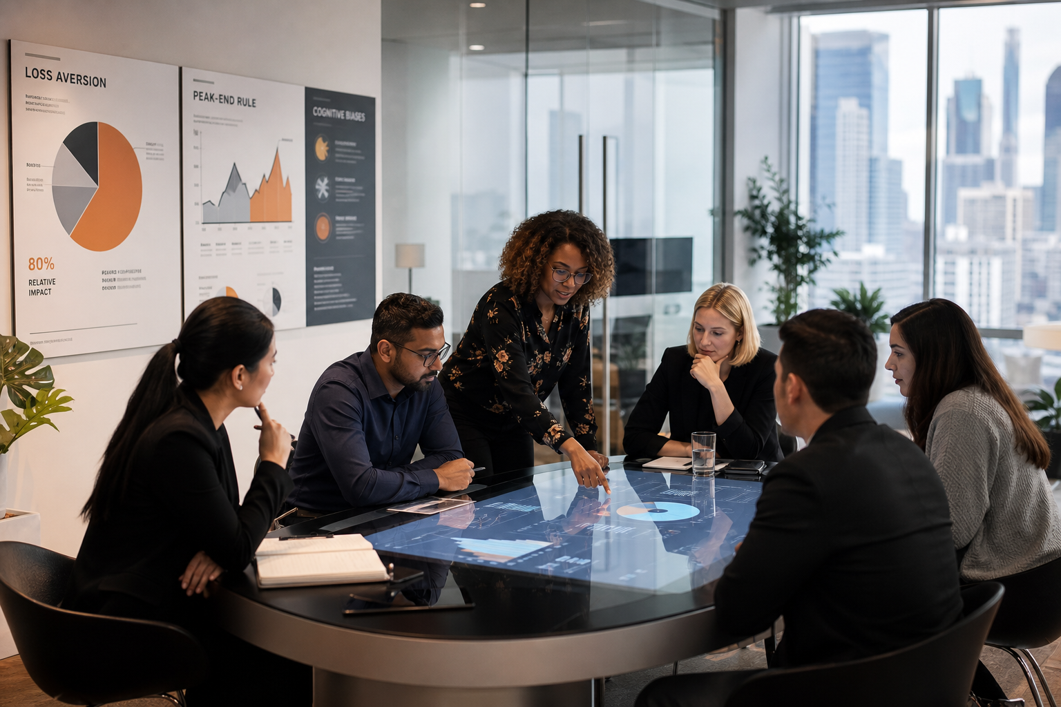 Marketing team reviewing behavioral marketing research infographics in a modern office brainstorming session.