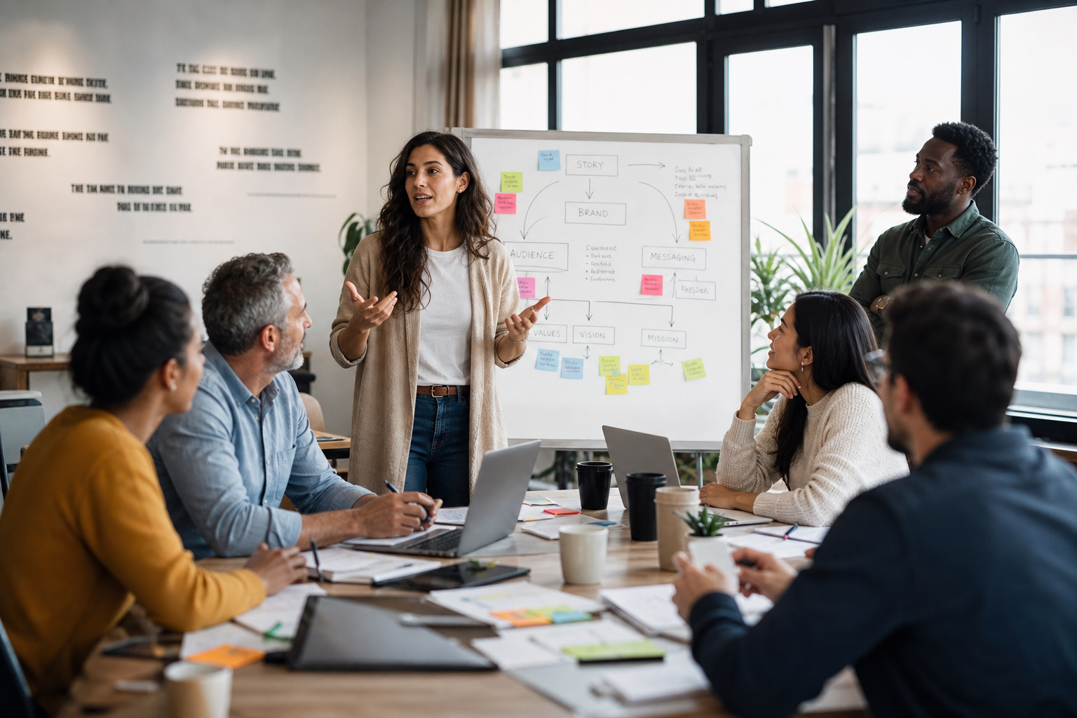 Startup team at a whiteboard mapping narrative strategy — stakes, villain, shift, and belonging — for brand storytelling.