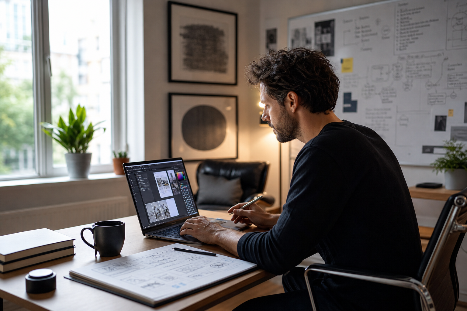 Independent consultant working in a home office, representing strategic reputation-building and PR for freelancers.
